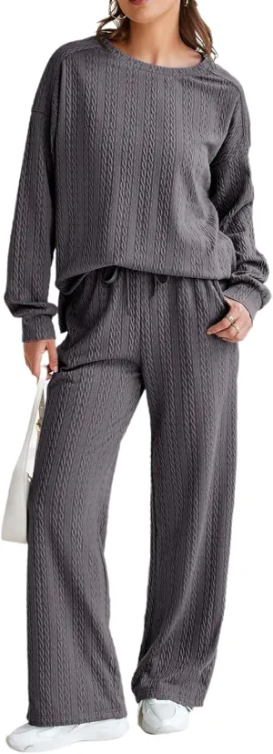 Dokotoo Women's 2 Piece Outfits Sweatshirt Lounge Sets Textured Long Sleeve Tops and Drawstring Pants Sweatsuit