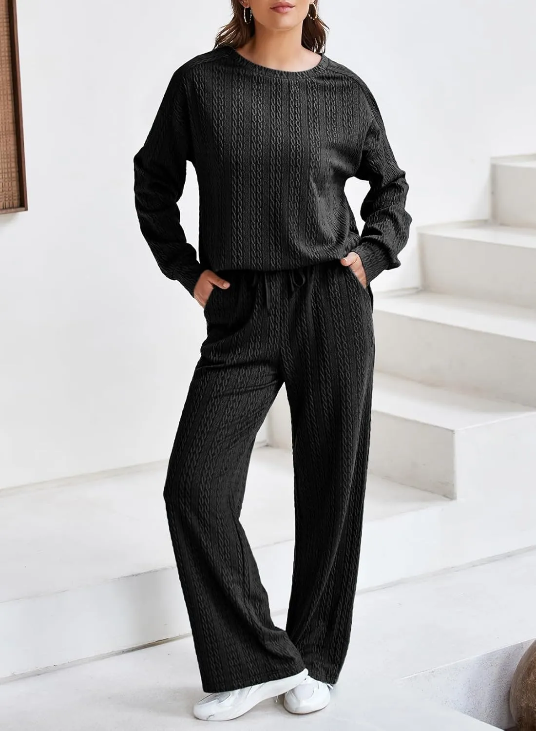 Dokotoo Women's 2 Piece Outfits Sweatshirt Lounge Sets Textured Long Sleeve Tops and Drawstring Pants Sweatsuit
