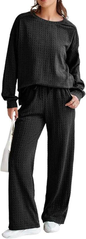Dokotoo Women's 2 Piece Outfits Sweatshirt Lounge Sets Textured Long Sleeve Tops and Drawstring Pants Sweatsuit