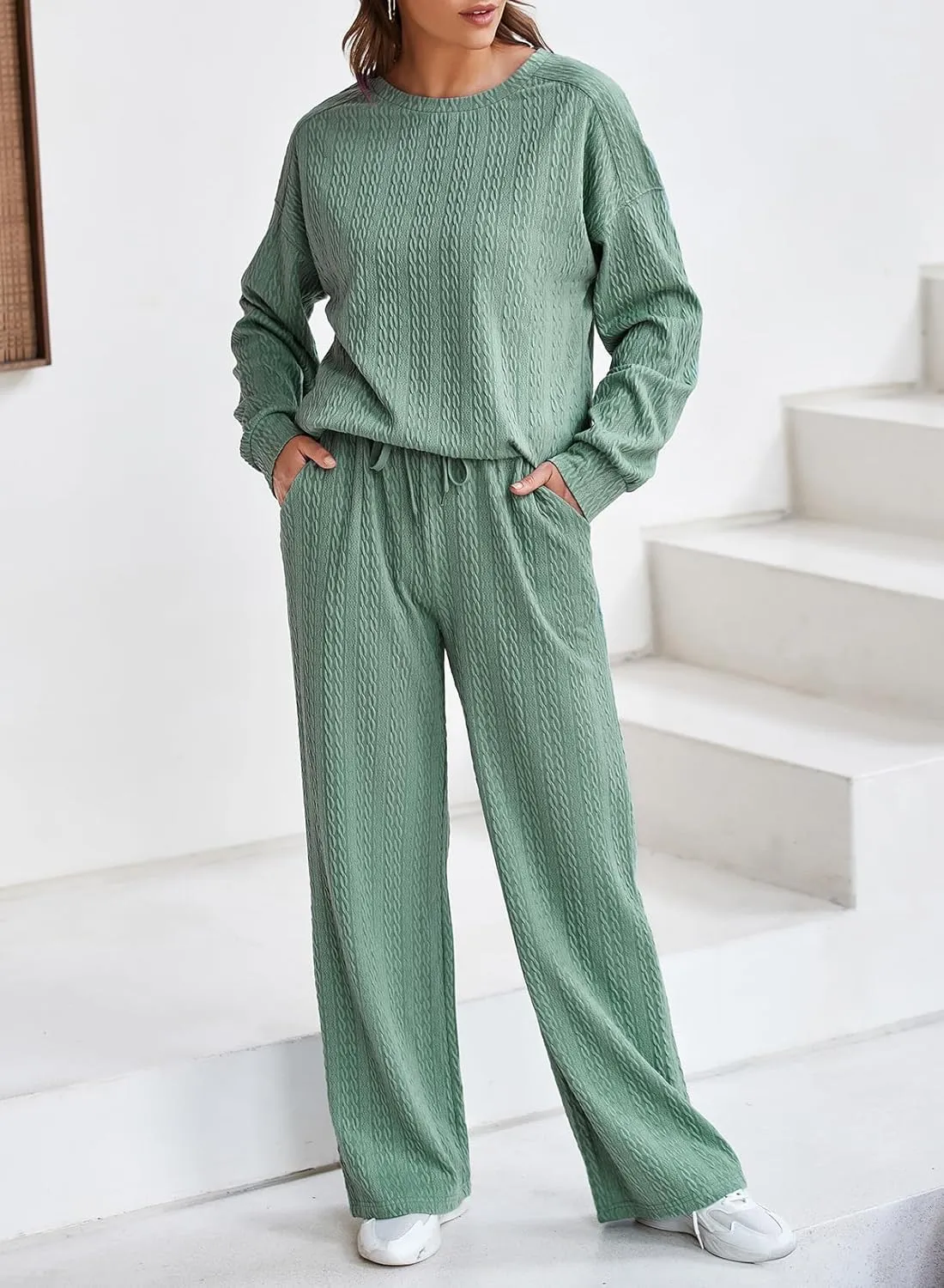Dokotoo Women's 2 Piece Outfits Sweatshirt Lounge Sets Textured Long Sleeve Tops and Drawstring Pants Sweatsuit