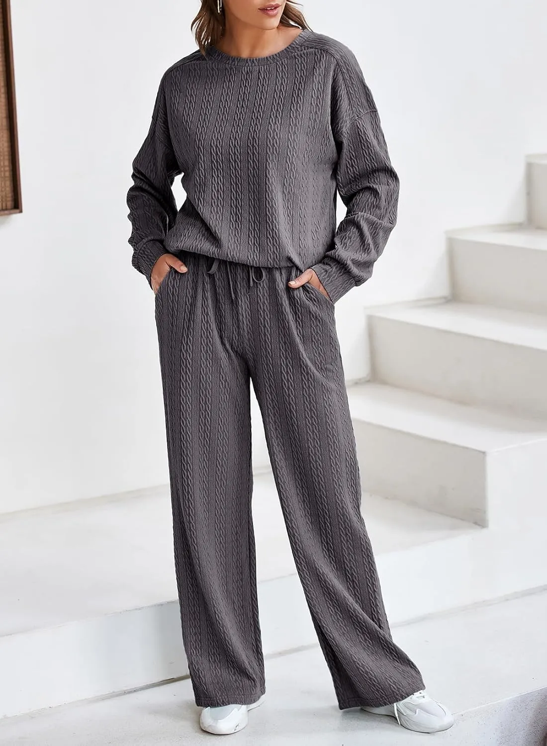 Dokotoo Women's 2 Piece Outfits Sweatshirt Lounge Sets Textured Long Sleeve Tops and Drawstring Pants Sweatsuit