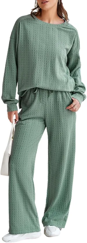 Dokotoo Women's 2 Piece Outfits Sweatshirt Lounge Sets Textured Long Sleeve Tops and Drawstring Pants Sweatsuit