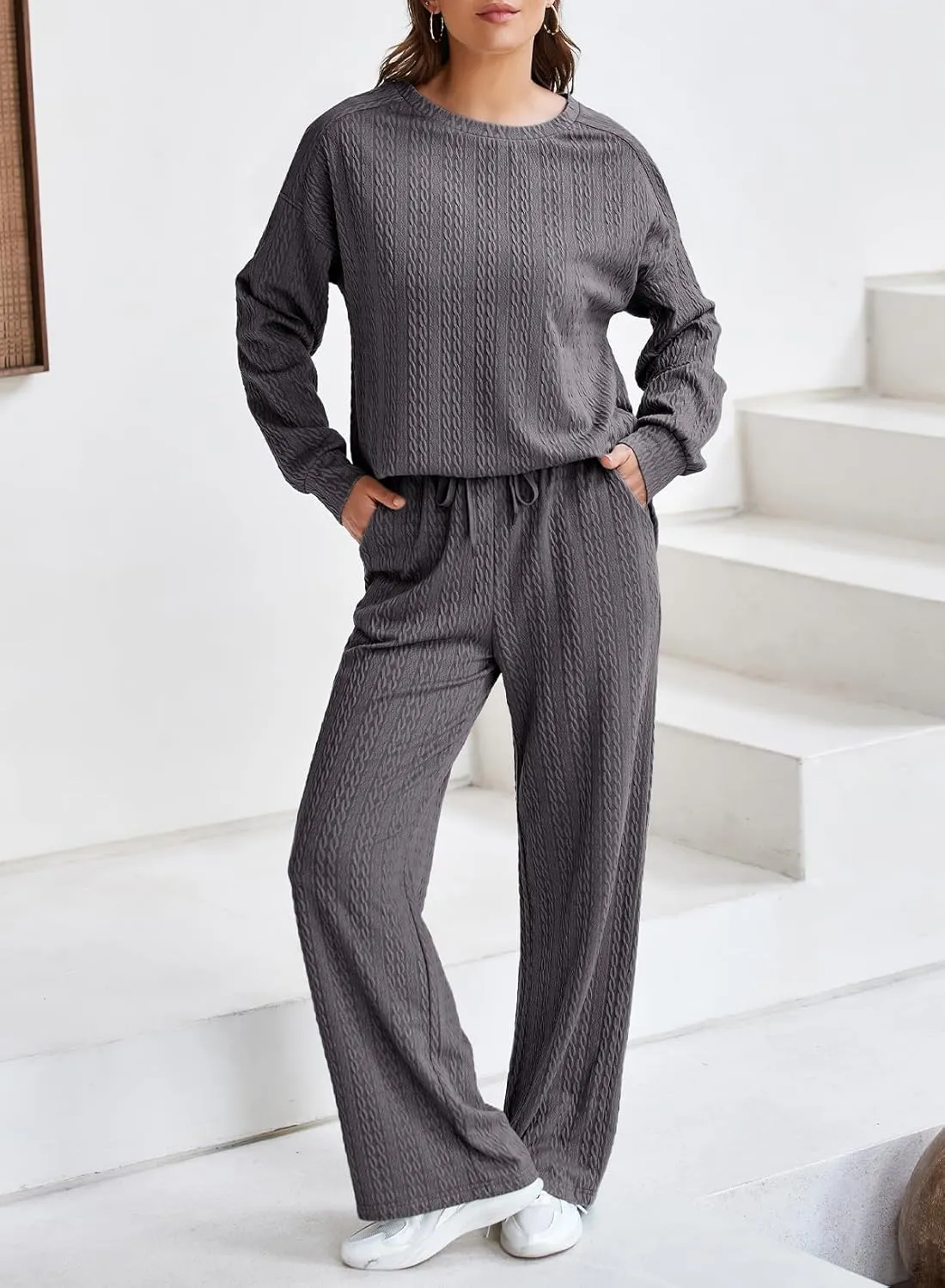 Dokotoo Women's 2 Piece Outfits Sweatshirt Lounge Sets Textured Long Sleeve Tops and Drawstring Pants Sweatsuit