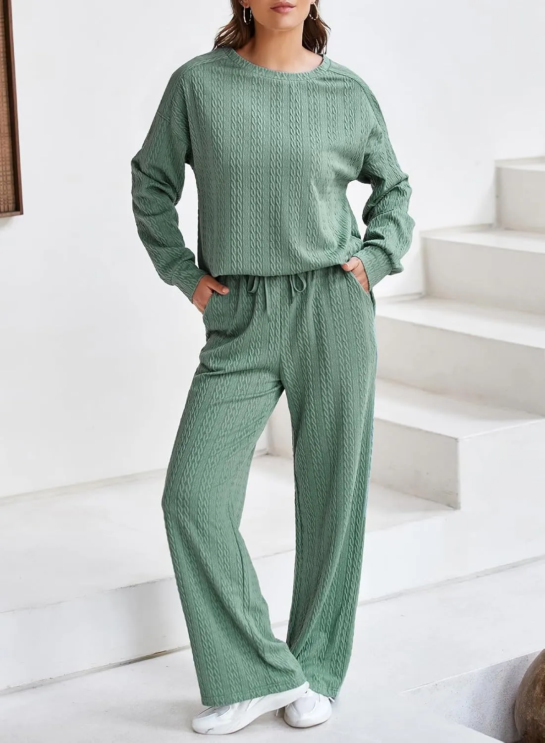 Dokotoo Women's 2 Piece Outfits Sweatshirt Lounge Sets Textured Long Sleeve Tops and Drawstring Pants Sweatsuit