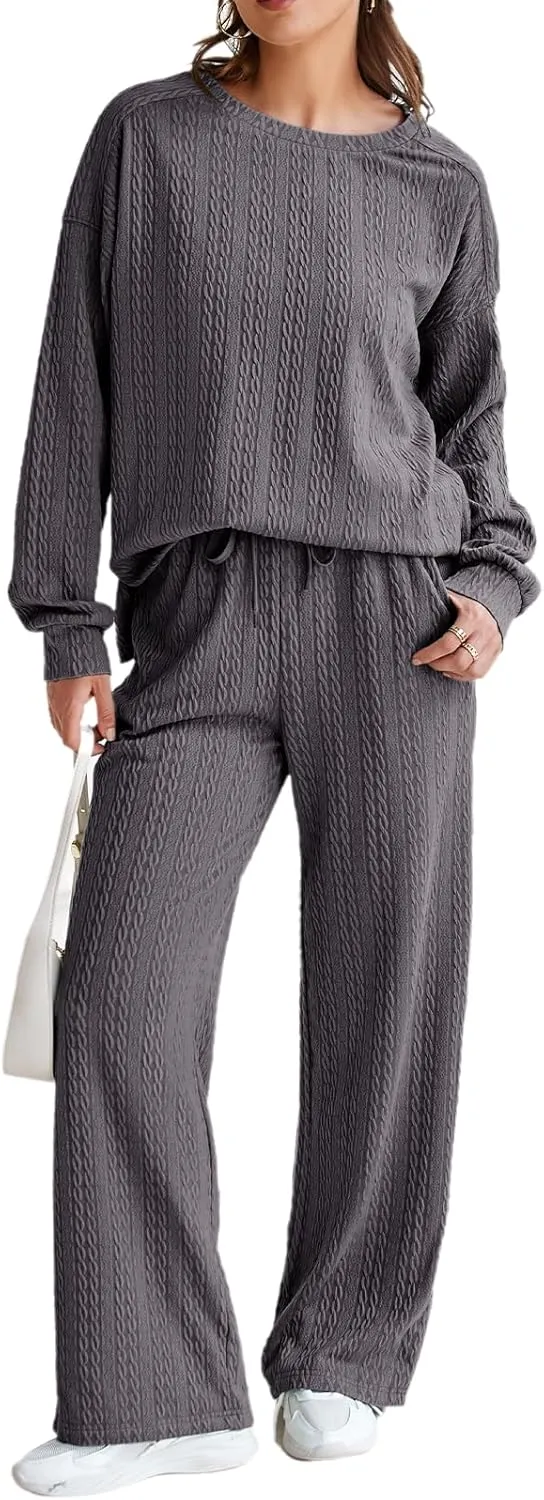 Dokotoo Women's 2 Piece Outfits Sweatshirt Lounge Sets Textured Long Sleeve Tops and Drawstring Pants Sweatsuit