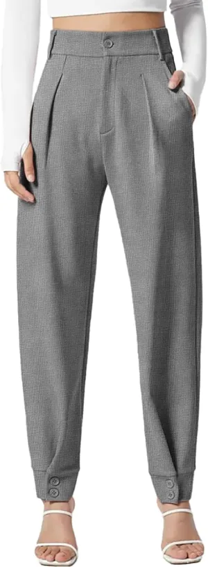 Dokotoo Women's Pants Waffle Classic High Waisted Adjustable Button Hem Business Casual Tapered Pants with Pockets