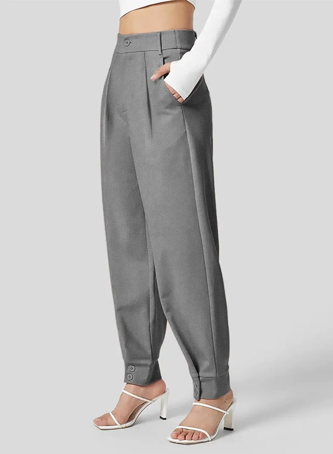 Dokotoo Women's Pants Waffle Classic High Waisted Adjustable Button Hem Business Casual Tapered Pants with Pockets