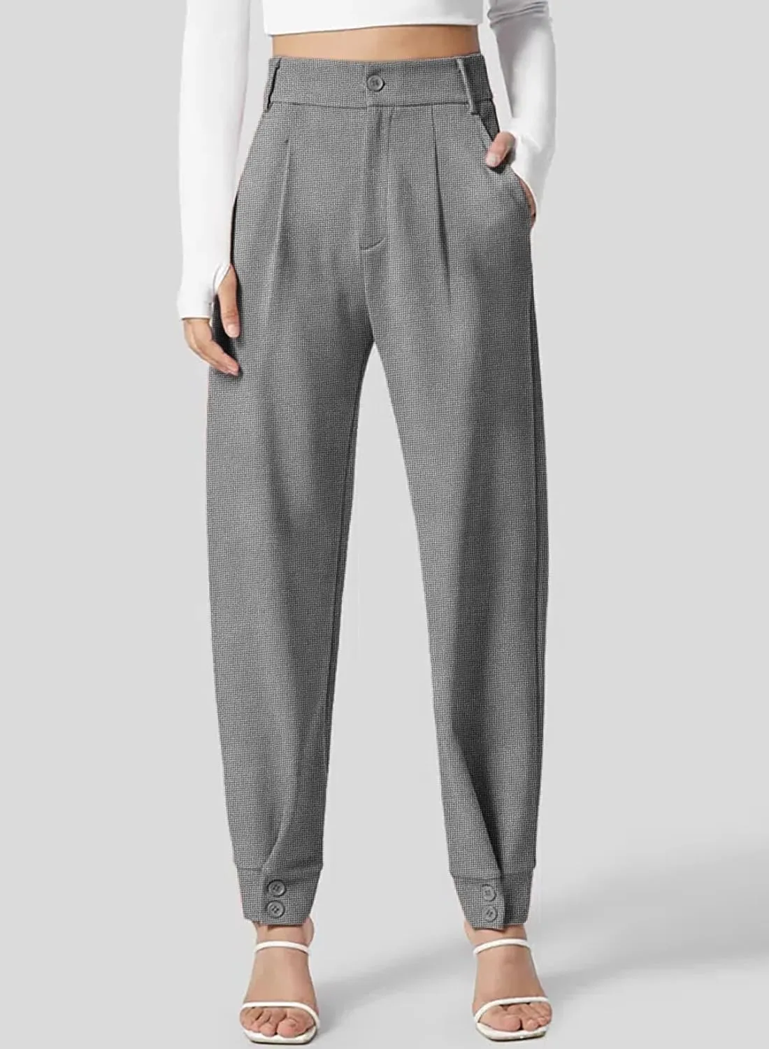 Dokotoo Women's Pants Waffle Classic High Waisted Adjustable Button Hem Business Casual Tapered Pants with Pockets