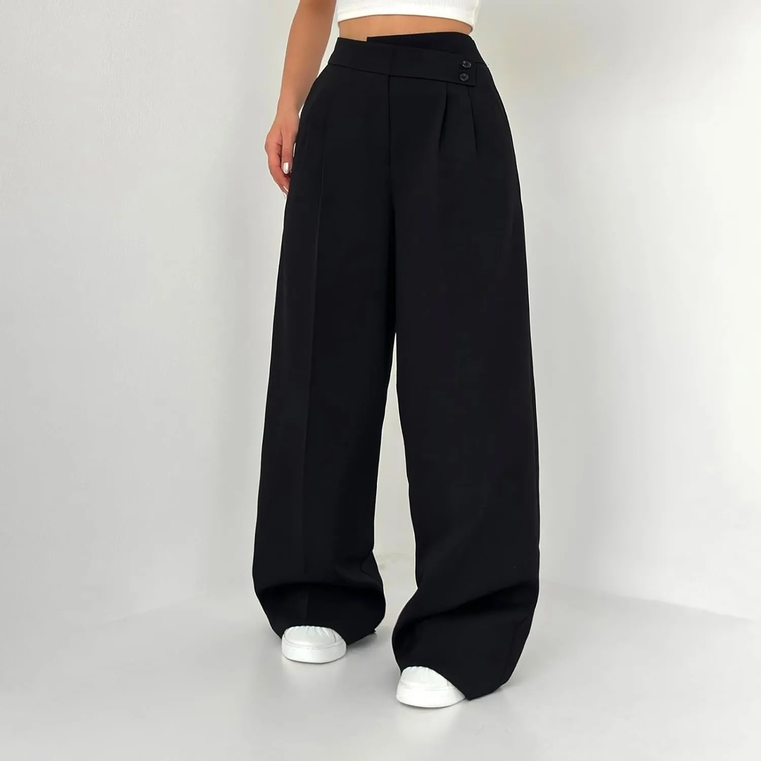 Dress Suit Pants for Women Flat Front Pleated High Waist Wide Leg Trousers Casual Loose Fit Breathable Business Pants