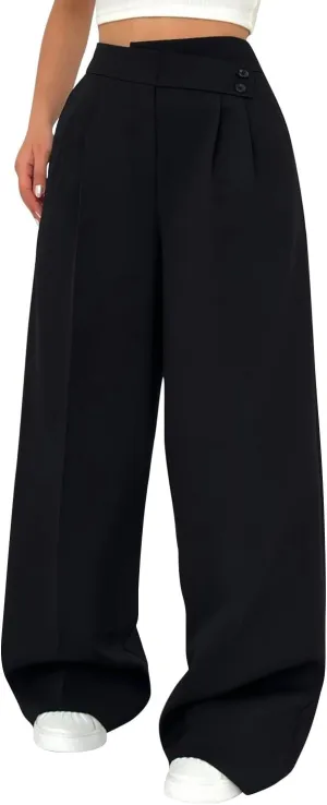 Dress Suit Pants for Women Flat Front Pleated High Waist Wide Leg Trousers Casual Loose Fit Breathable Business Pants