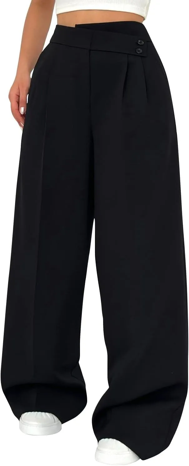 Dress Suit Pants for Women Flat Front Pleated High Waist Wide Leg Trousers Casual Loose Fit Breathable Business Pants