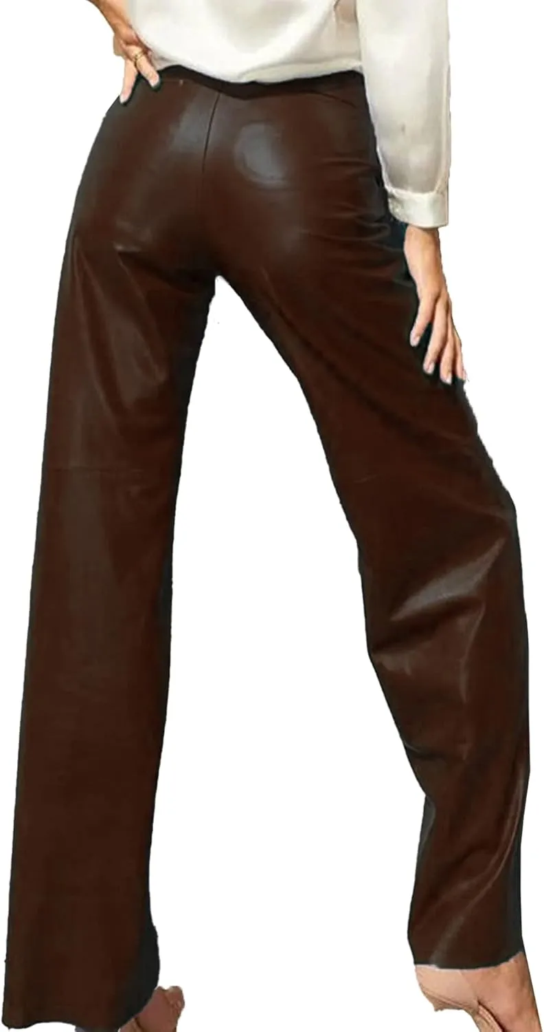 ECDAHICC Women's Faux Leather Pants High Waist Straight Wide Leg PU Legging Casual Solid Color Trousers with Pockets