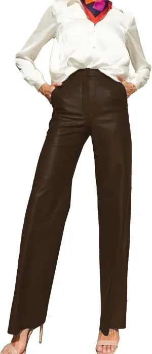 ECDAHICC Women's Faux Leather Pants High Waist Straight Wide Leg PU Legging Casual Solid Color Trousers with Pockets