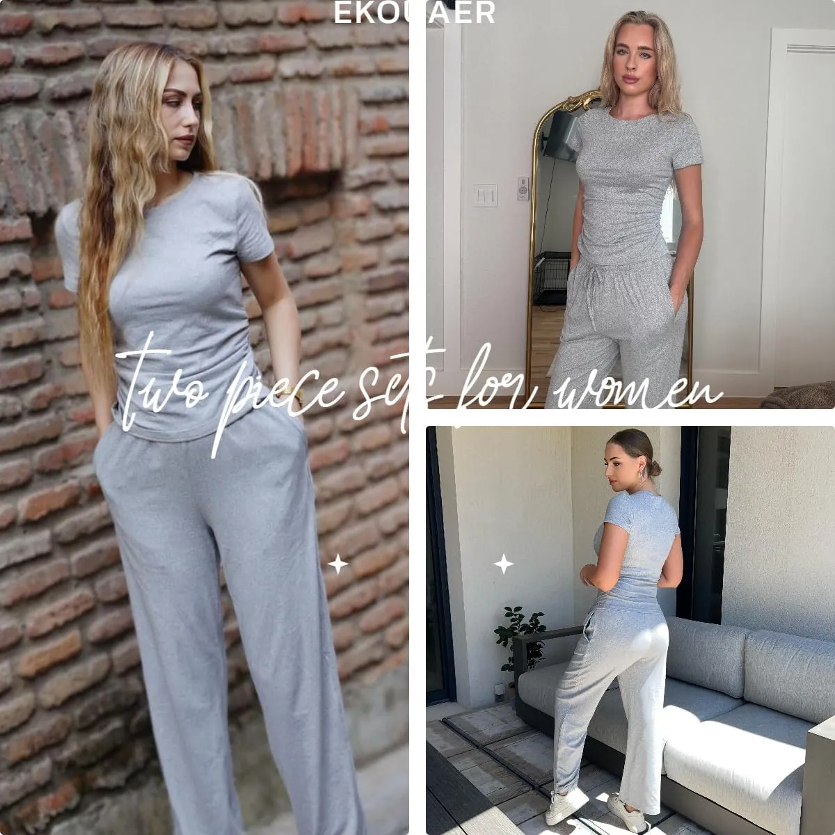 Ekouaer Women's 2 Piece Sets Outfits Short Sleeve Wide Leg Tracksuits Casual Lounge Set Matching Sets with Pockets