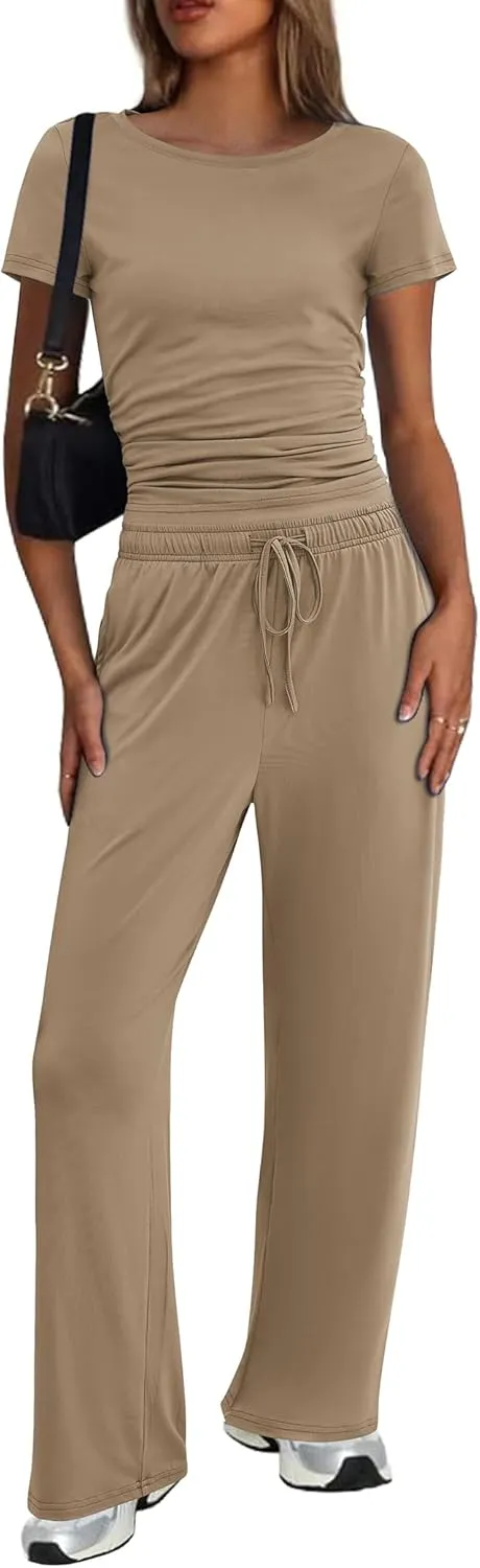 Ekouaer Women's 2 Piece Sets Outfits Short Sleeve Wide Leg Tracksuits Casual Lounge Set Matching Sets with Pockets