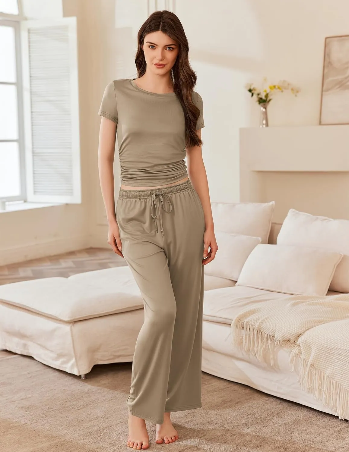 Ekouaer Women's 2 Piece Sets Outfits Short Sleeve Wide Leg Tracksuits Casual Lounge Set Matching Sets with Pockets