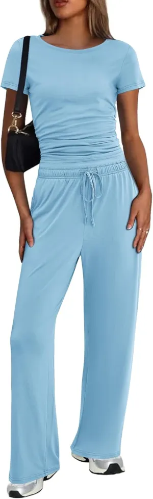 Ekouaer Women's 2 Piece Sets Outfits Short Sleeve Wide Leg Tracksuits Casual Lounge Set Matching Sets with Pockets