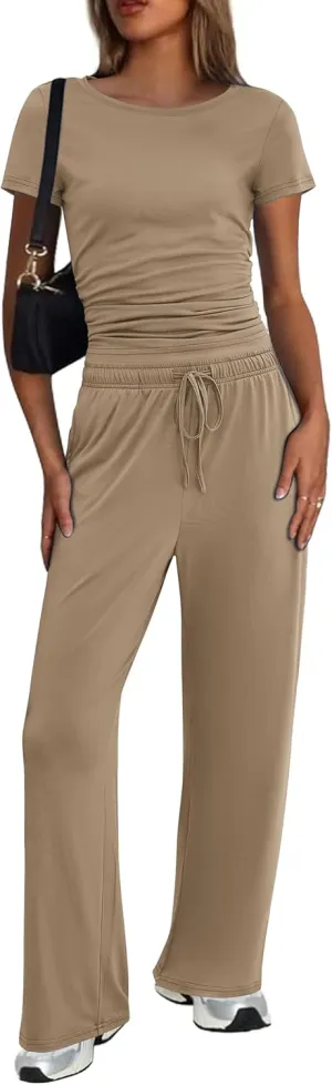 Ekouaer Women's 2 Piece Sets Outfits Short Sleeve Wide Leg Tracksuits Casual Lounge Set Matching Sets with Pockets