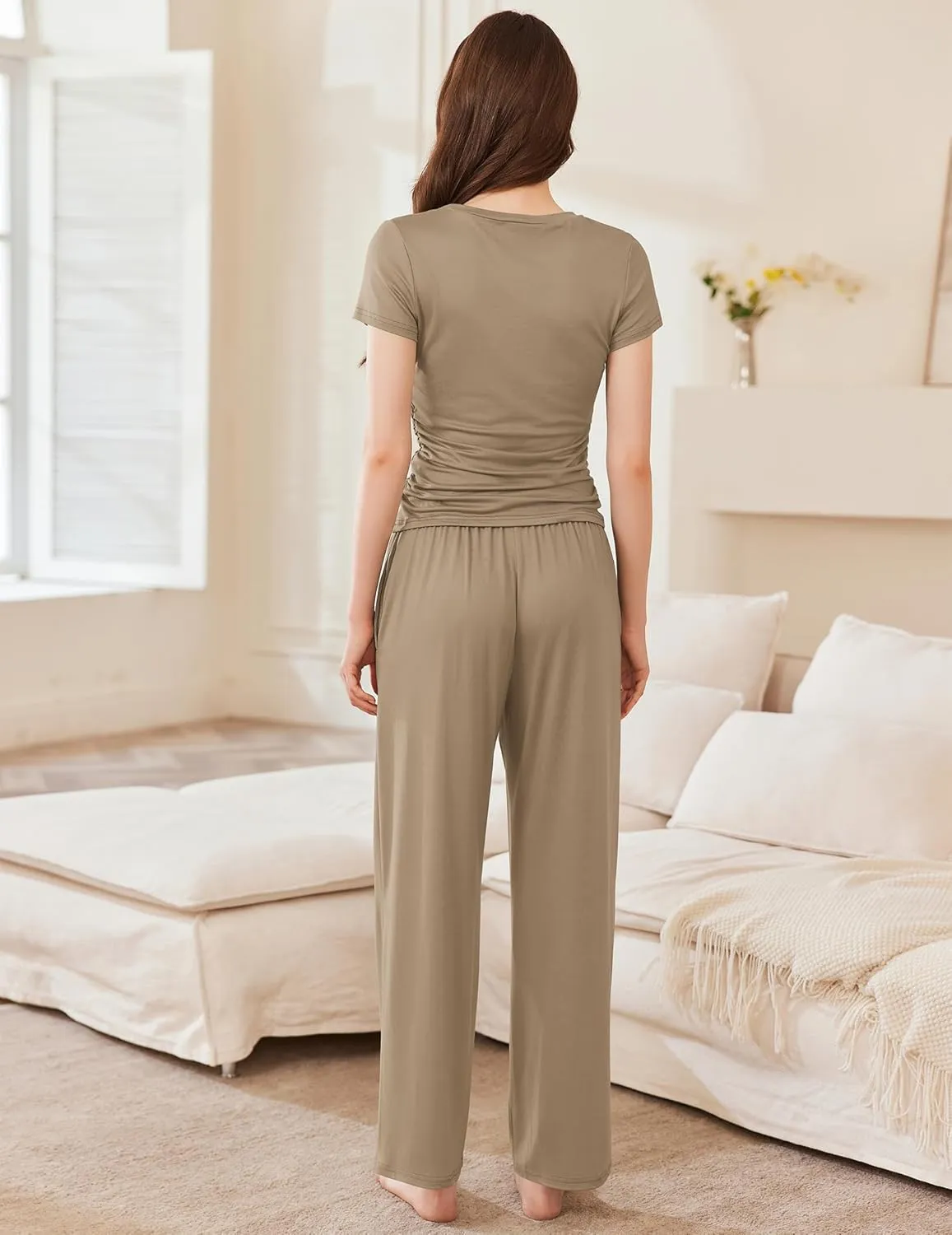 Ekouaer Women's 2 Piece Sets Outfits Short Sleeve Wide Leg Tracksuits Casual Lounge Set Matching Sets with Pockets