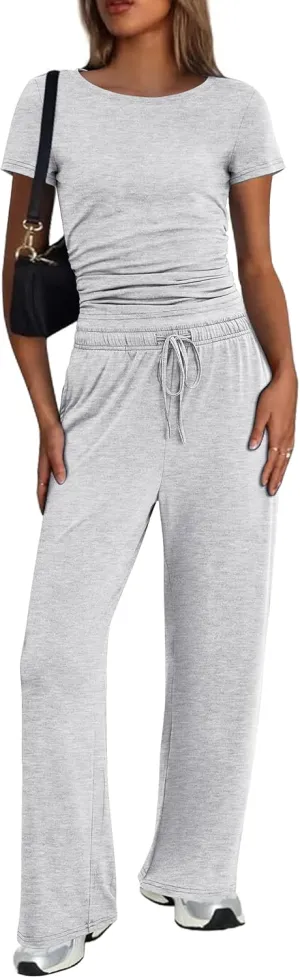 Ekouaer Women's 2 Piece Sets Outfits Short Sleeve Wide Leg Tracksuits Casual Lounge Set Matching Sets with Pockets