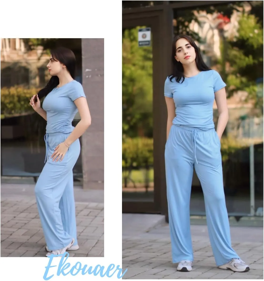 Ekouaer Women's 2 Piece Sets Outfits Short Sleeve Wide Leg Tracksuits Casual Lounge Set Matching Sets with Pockets