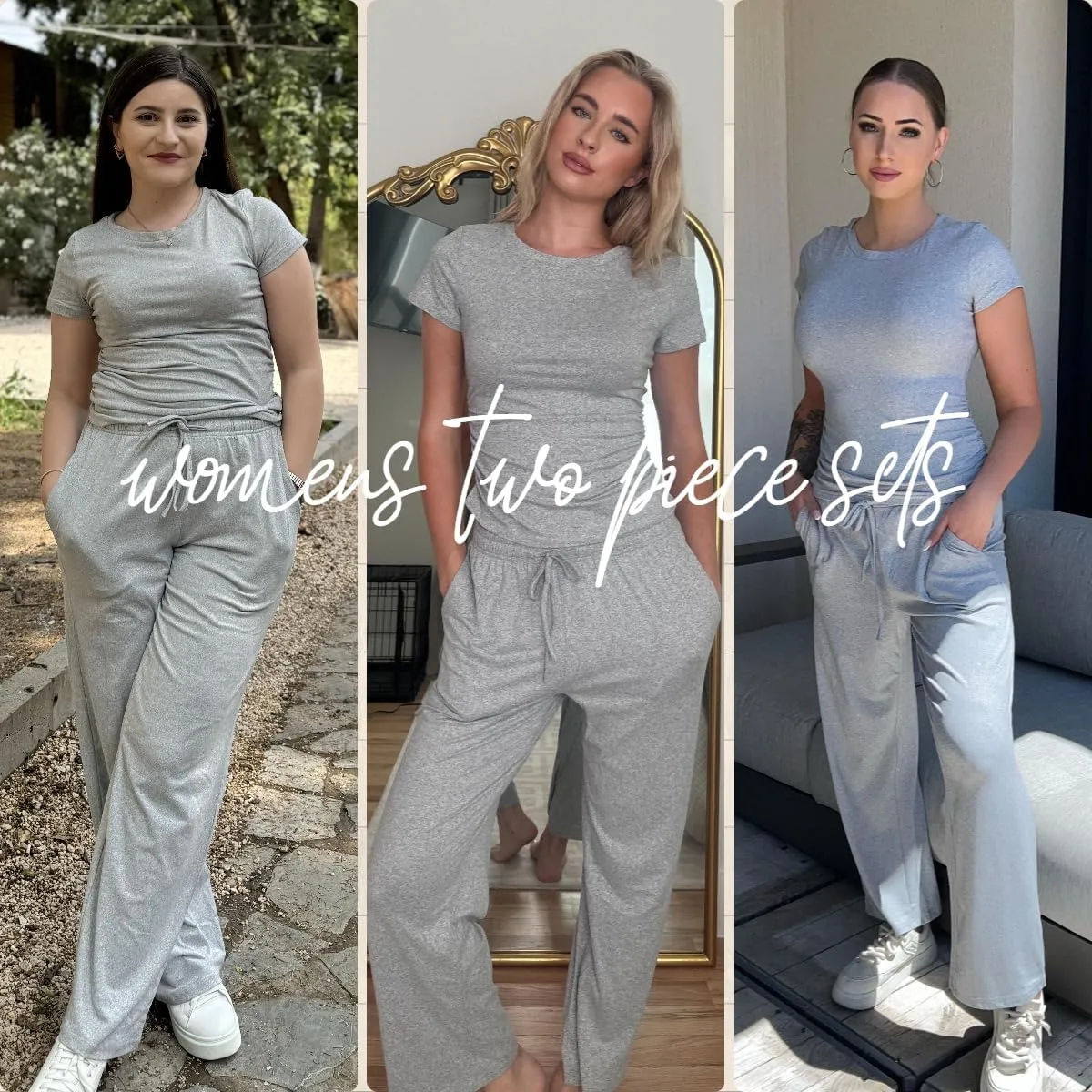 Ekouaer Women's 2 Piece Sets Outfits Short Sleeve Wide Leg Tracksuits Casual Lounge Set Matching Sets with Pockets