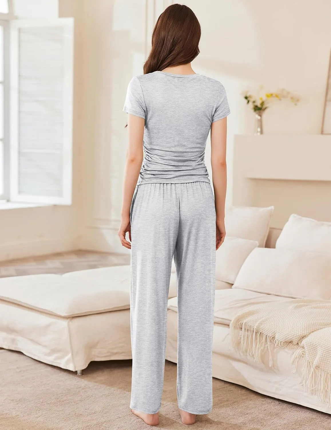 Ekouaer Women's 2 Piece Sets Outfits Short Sleeve Wide Leg Tracksuits Casual Lounge Set Matching Sets with Pockets