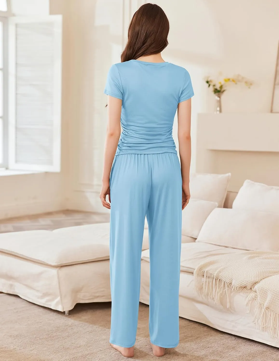 Ekouaer Women's 2 Piece Sets Outfits Short Sleeve Wide Leg Tracksuits Casual Lounge Set Matching Sets with Pockets