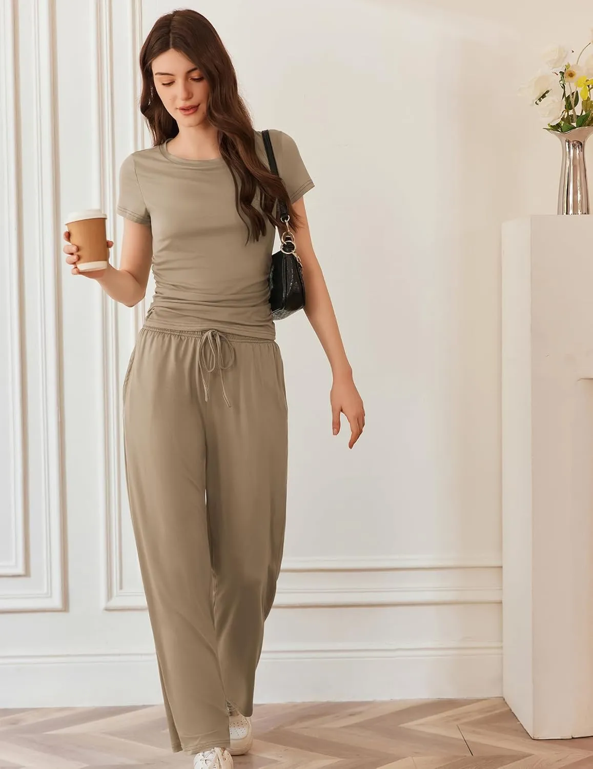 Ekouaer Women's 2 Piece Sets Outfits Short Sleeve Wide Leg Tracksuits Casual Lounge Set Matching Sets with Pockets