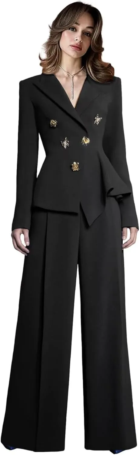 Elegant Suits for Women 2 Piece Set Business Double Breasted Blazer Pants Casual Peak Lapel Prom Tuxedo for Wedding Guest
