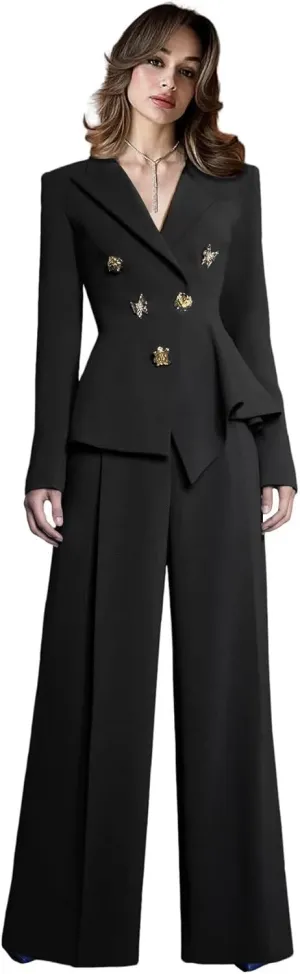 Elegant Suits for Women 2 Piece Set Business Double Breasted Blazer Pants Casual Peak Lapel Prom Tuxedo for Wedding Guest