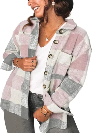 Eytino Womens Plus Size Jacket Casual Long Sleeve Button Up Flannel Plaid Shacket Coats with Pockets(1X-5X)