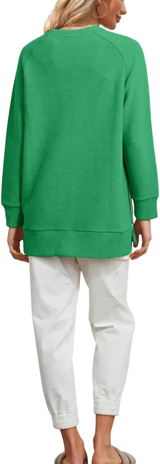 Fazortev Women's Oversized Sweatshirts Long Sleeve Crew Neck Ribbed Pullover Loose Side Zipper Tunic Tops