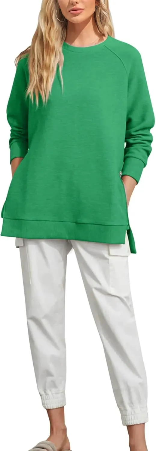 Fazortev Women's Oversized Sweatshirts Long Sleeve Crew Neck Ribbed Pullover Loose Side Zipper Tunic Tops