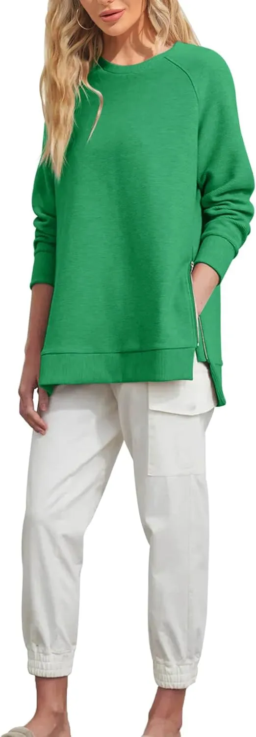 Fazortev Women's Oversized Sweatshirts Long Sleeve Crew Neck Ribbed Pullover Loose Side Zipper Tunic Tops