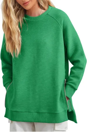 Fazortev Women's Oversized Sweatshirts Long Sleeve Crew Neck Ribbed Pullover Loose Side Zipper Tunic Tops