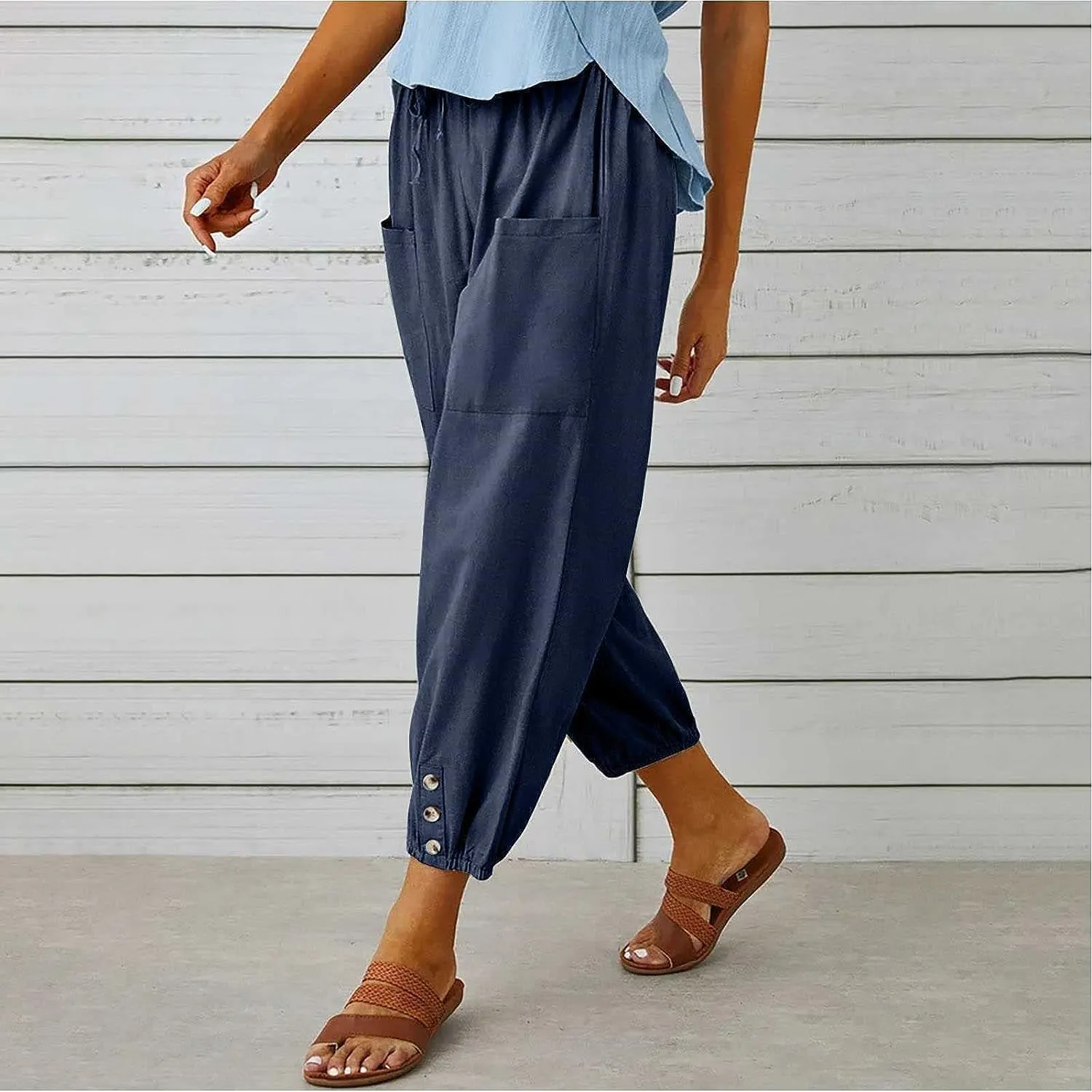 FEECOZ Daily Wear Women's Capri Yoga Pants Baggy Wide Leg Pants Loose Fit Plus Size Harem Pants with Pockets (Color : Black, Size : S-Small)