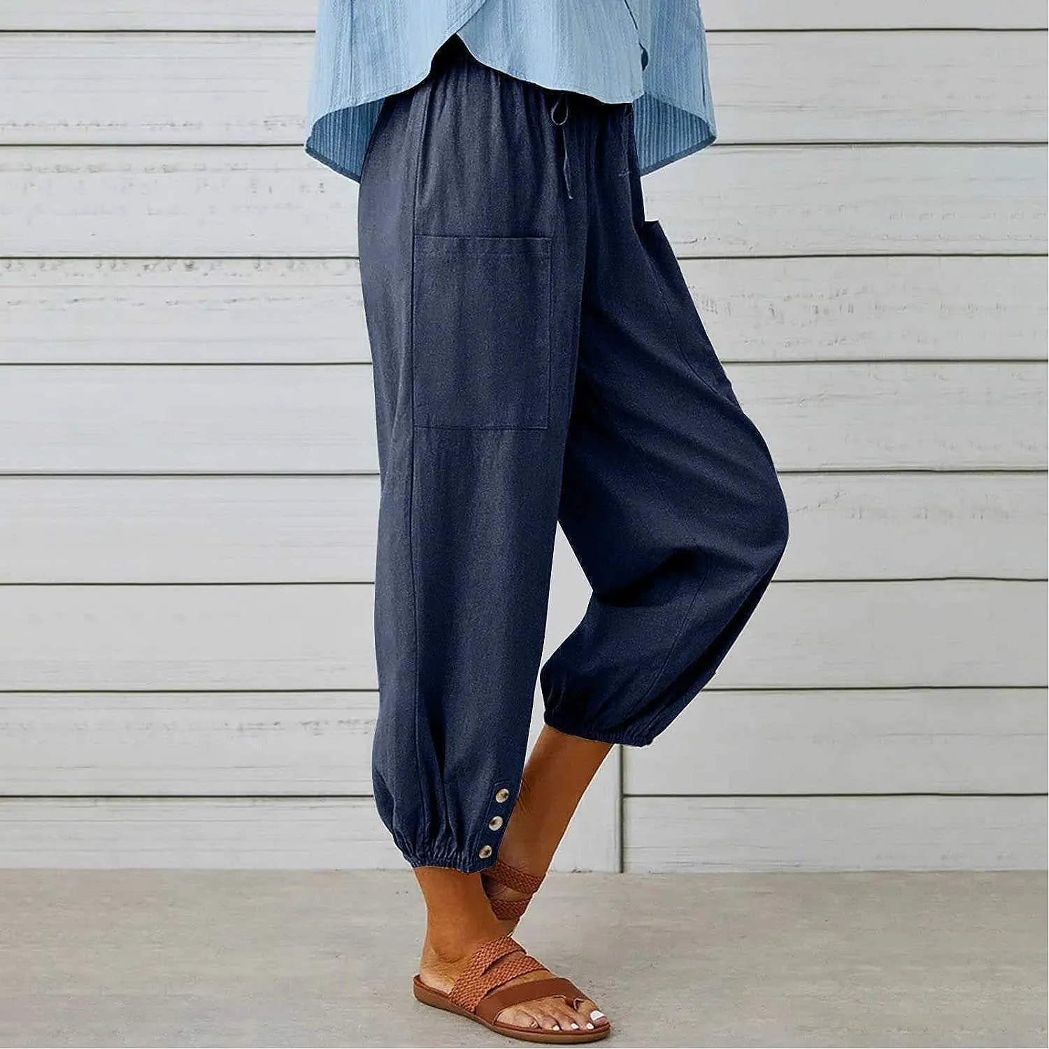 FEECOZ Daily Wear Women's Capri Yoga Pants Baggy Wide Leg Pants Loose Fit Plus Size Harem Pants with Pockets (Color : Black, Size : S-Small)