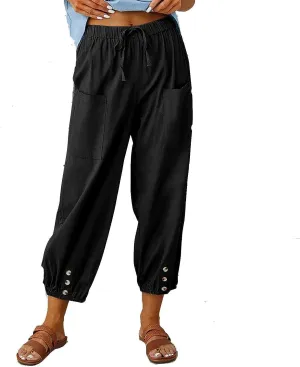 FEECOZ Daily Wear Women's Capri Yoga Pants Baggy Wide Leg Pants Loose Fit Plus Size Harem Pants with Pockets (Color : Black, Size : S-Small)