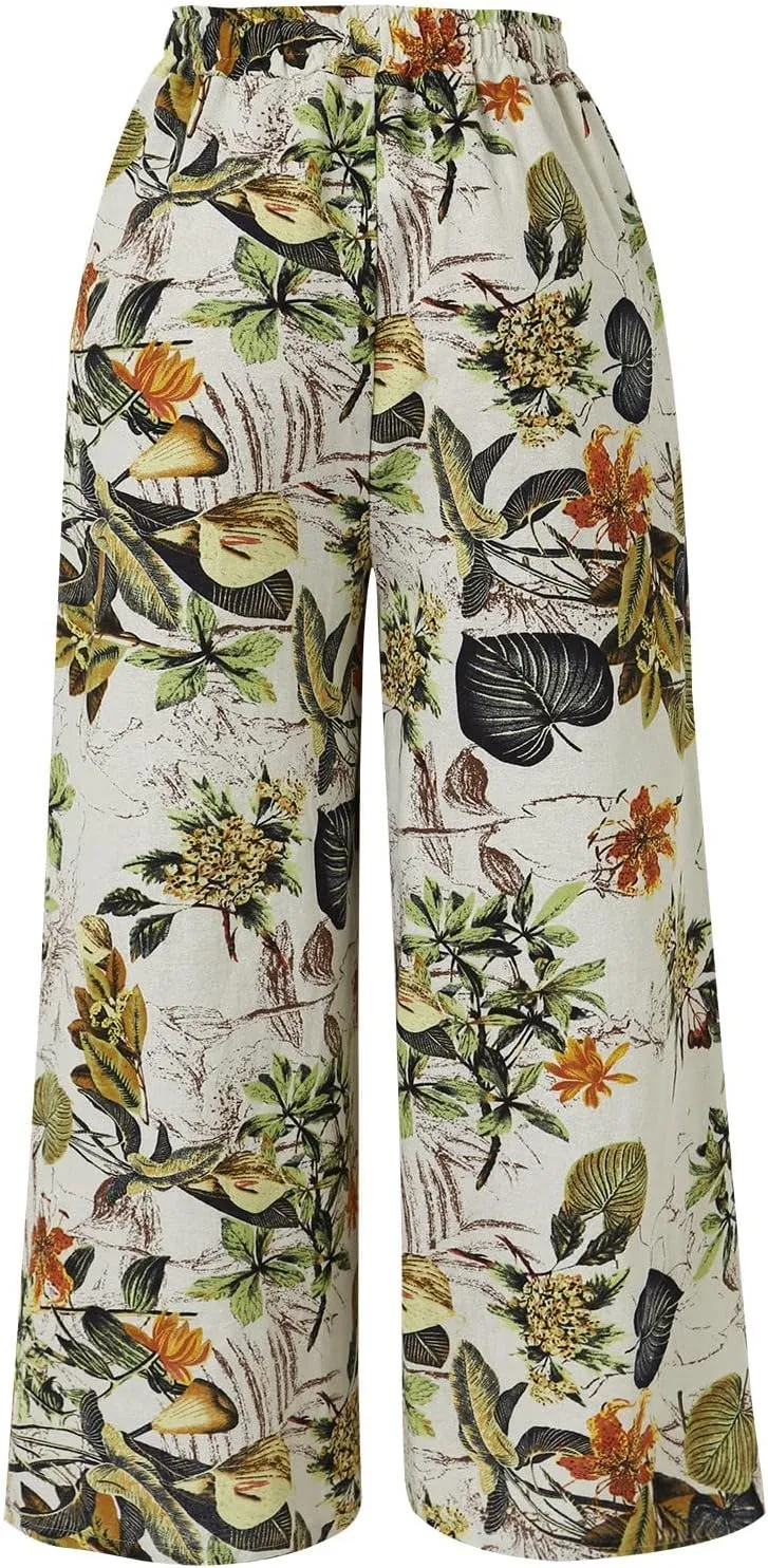 Floral Print Trouser for Women High Waist Drawstring Trouser Causal Loose Wide Leg Pants Bohemia Yoga Pants (Yellow, L)