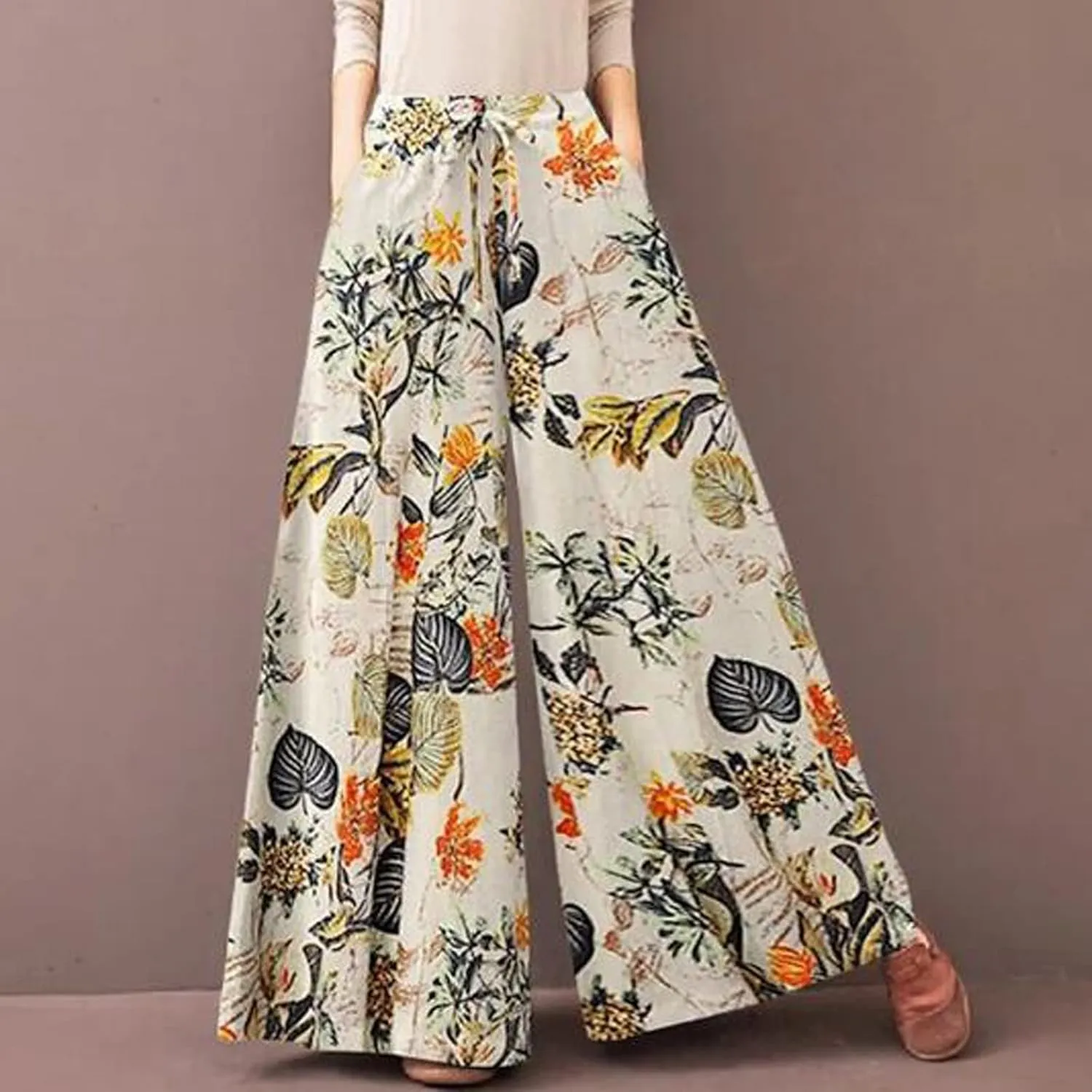 Floral Print Trouser for Women High Waist Drawstring Trouser Causal Loose Wide Leg Pants Bohemia Yoga Pants (Yellow, L)