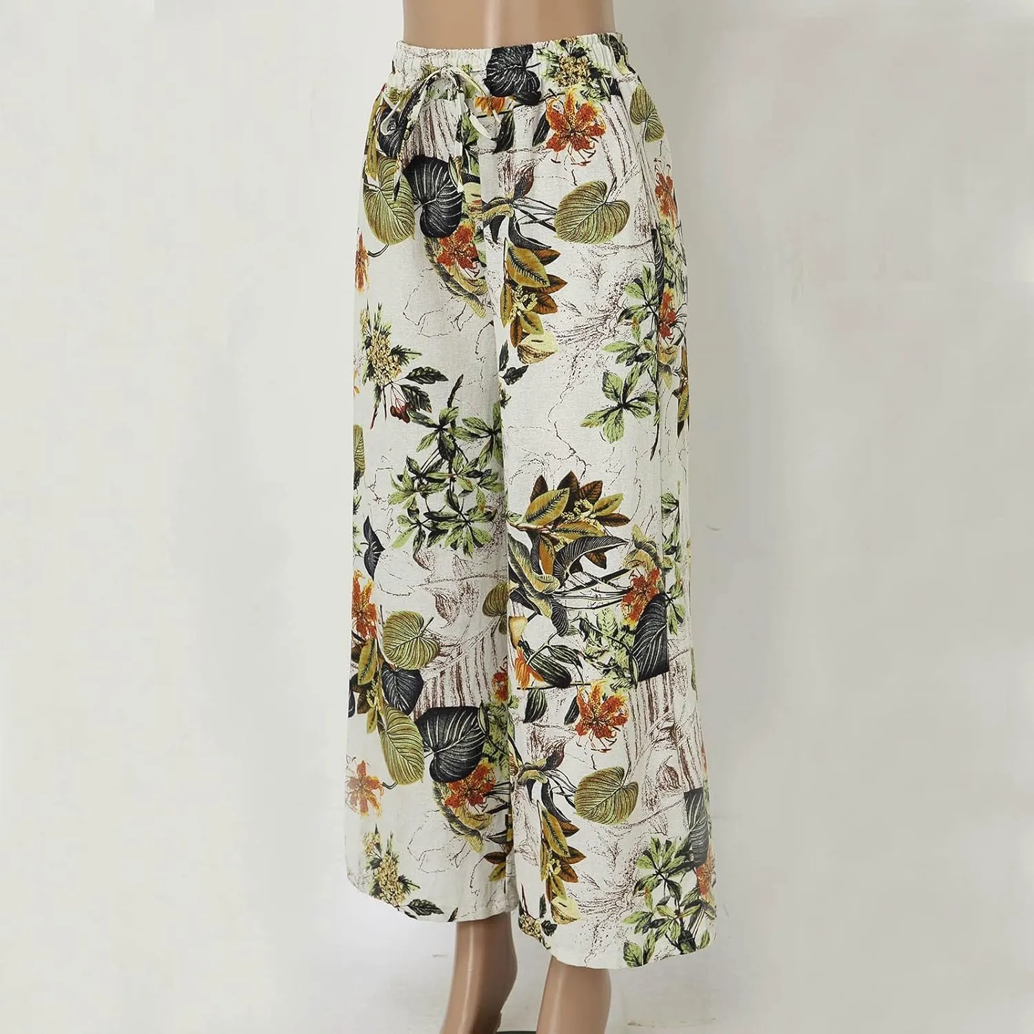 Floral Print Trouser for Women High Waist Drawstring Trouser Causal Loose Wide Leg Pants Bohemia Yoga Pants (Yellow, L)
