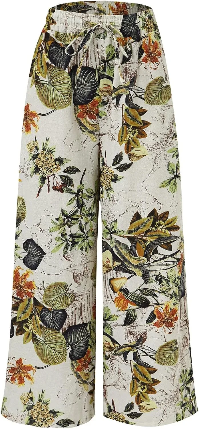 Floral Print Trouser for Women High Waist Drawstring Trouser Causal Loose Wide Leg Pants Bohemia Yoga Pants (Yellow, L)
