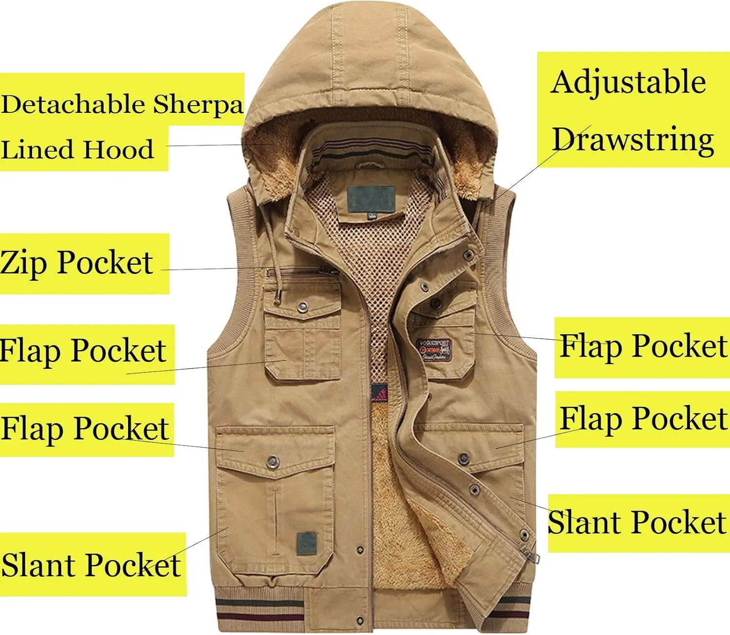 Flygo Men's Thickened Sherpa Lined Fishing Vest Outdoor Winter Warm Jacket with Removable Hood