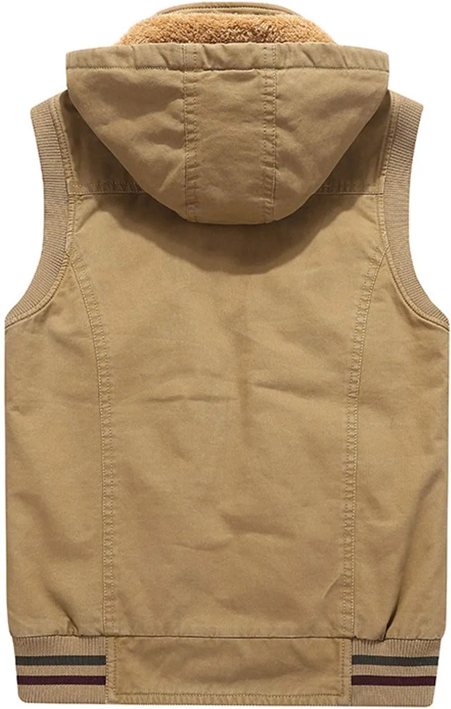 Flygo Men's Thickened Sherpa Lined Fishing Vest Outdoor Winter Warm Jacket with Removable Hood