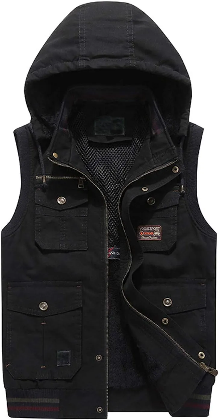 Flygo Men's Thickened Sherpa Lined Fishing Vest Outdoor Winter Warm Jacket with Removable Hood