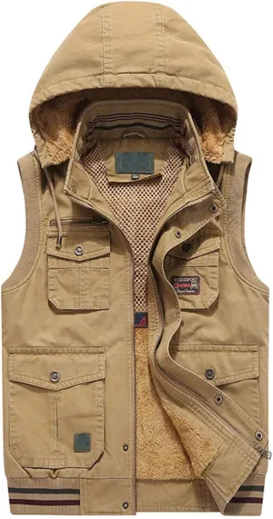 Flygo Men's Thickened Sherpa Lined Fishing Vest Outdoor Winter Warm Jacket with Removable Hood