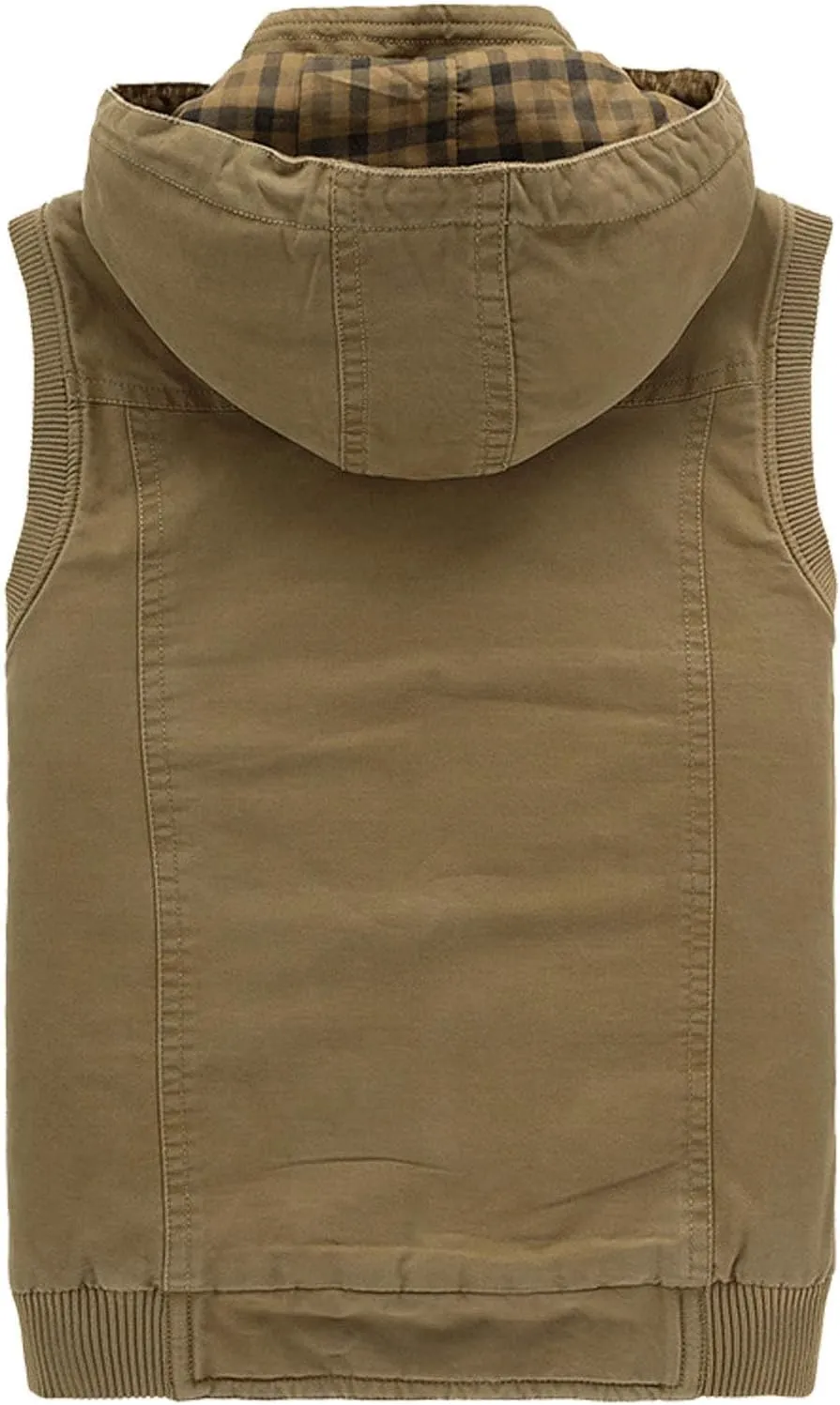 Flygo Men's Thickened Sherpa Lined Fishing Vest Outdoor Winter Warm Jacket with Removable Hood