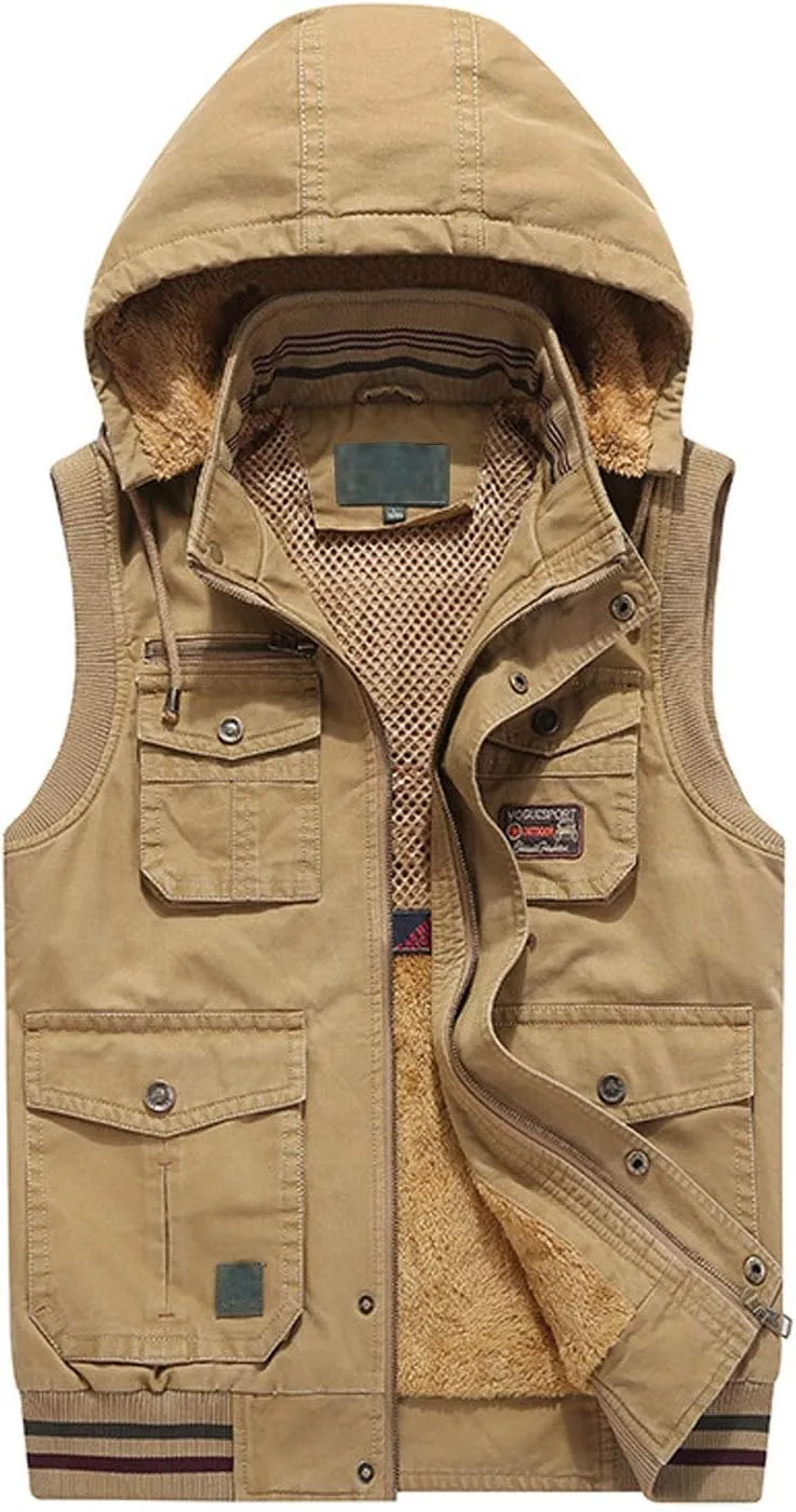 Flygo Men's Thickened Sherpa Lined Fishing Vest Outdoor Winter Warm Jacket with Removable Hood