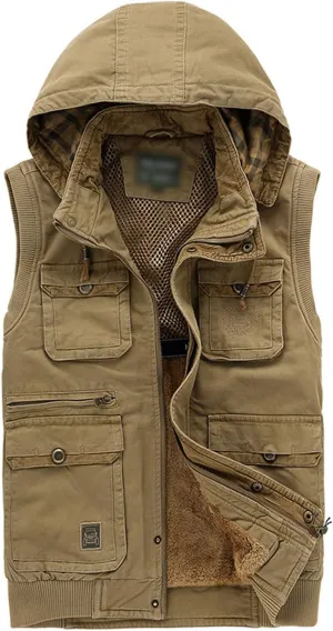 Flygo Men's Thickened Sherpa Lined Fishing Vest Outdoor Winter Warm Jacket with Removable Hood